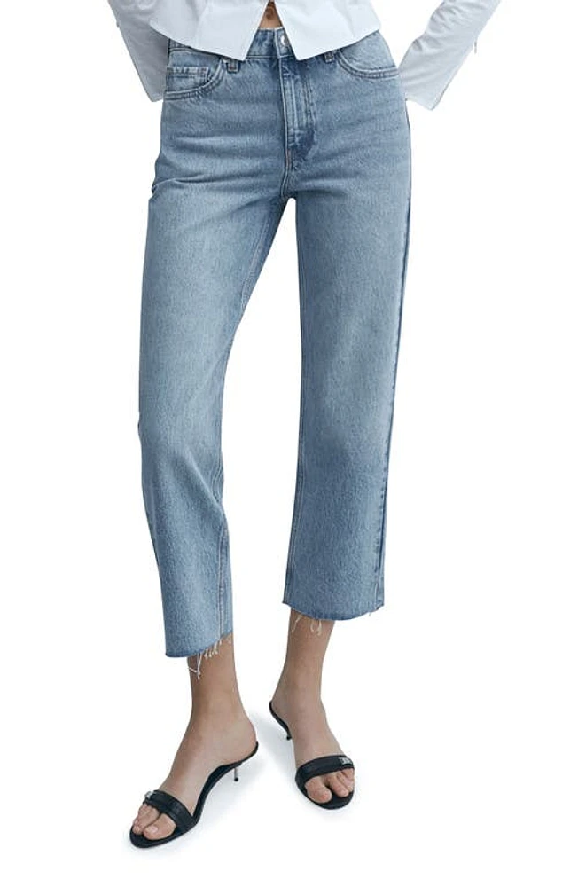 MANGO Raw Hem Mid Rise Crop Straight Leg Jeans Medium Blue at Nordstrom,