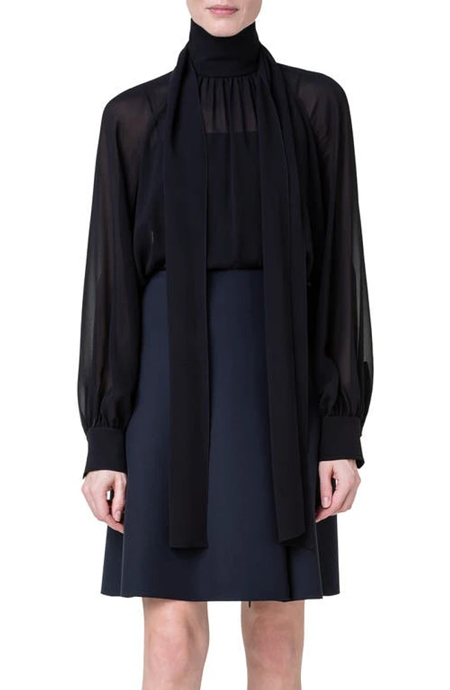 Akris Tie Neck Silk Georgette Blouse Black at Nordstrom,