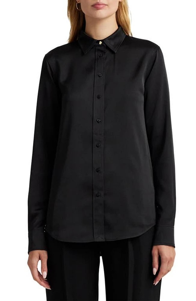 Lauren Ralph Classic Fit Satin Charmeuse Shirt Black at Nordstrom,