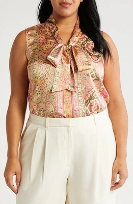 Tahari ASL Paisley Sleeveless Satin Top Olive Peach at Nordstrom,