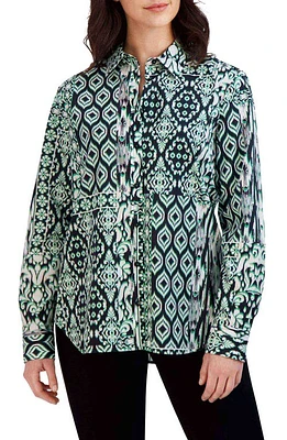 Foxcroft Ikat Print Boyfriend Button-Up Shirt Black Multi at Nordstrom,