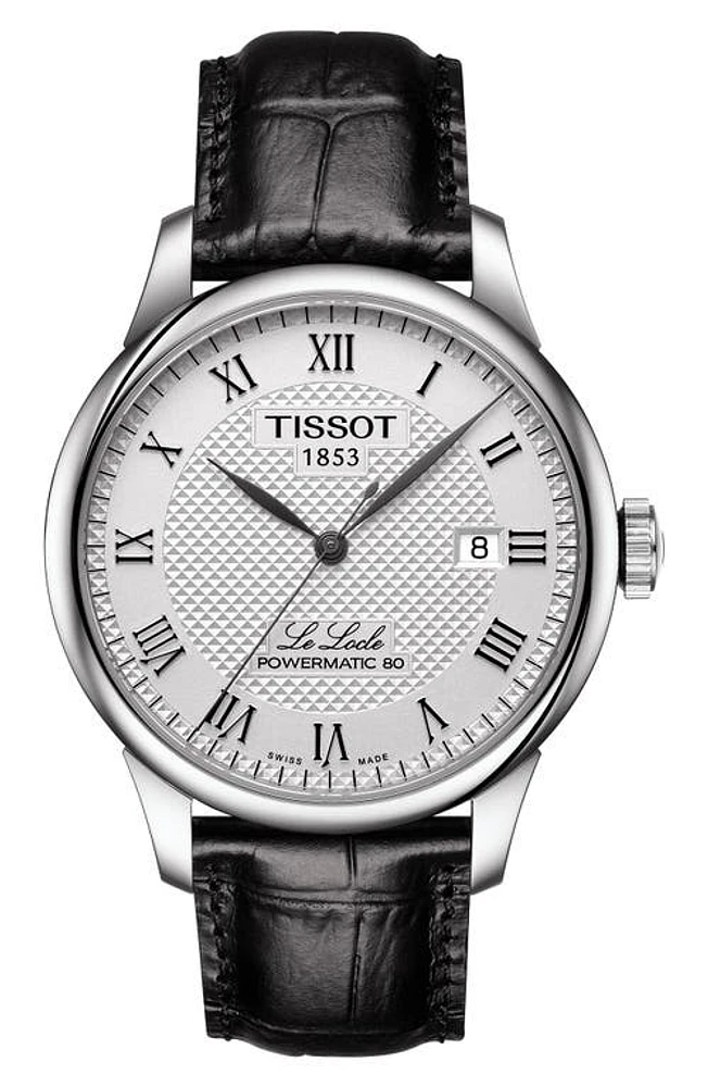 Tissot Le Locle Powermatic 80 Automatic Leather Strap Watch, 39mm in Black/Silver at Nordstrom