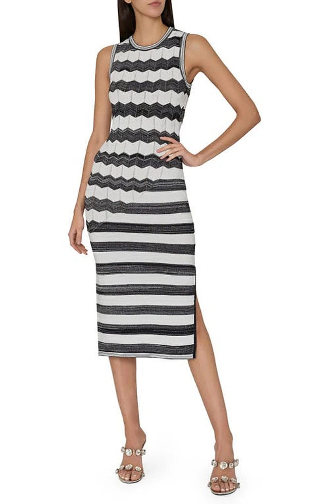 Milly Asymmetric Zig Zag Metallic Sleeveless Knit Midi Dress Black/Ecru at Nordstrom,