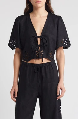 Rails Pari Eyelet Tie Front Linen Crop Top Black at Nordstrom,