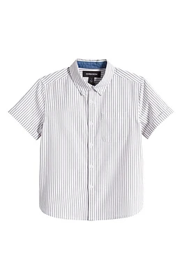 Nordstrom Kids' Rolled Cuff Short Sleeve Button-Down Shirt Grey- White Backyard Stripe at