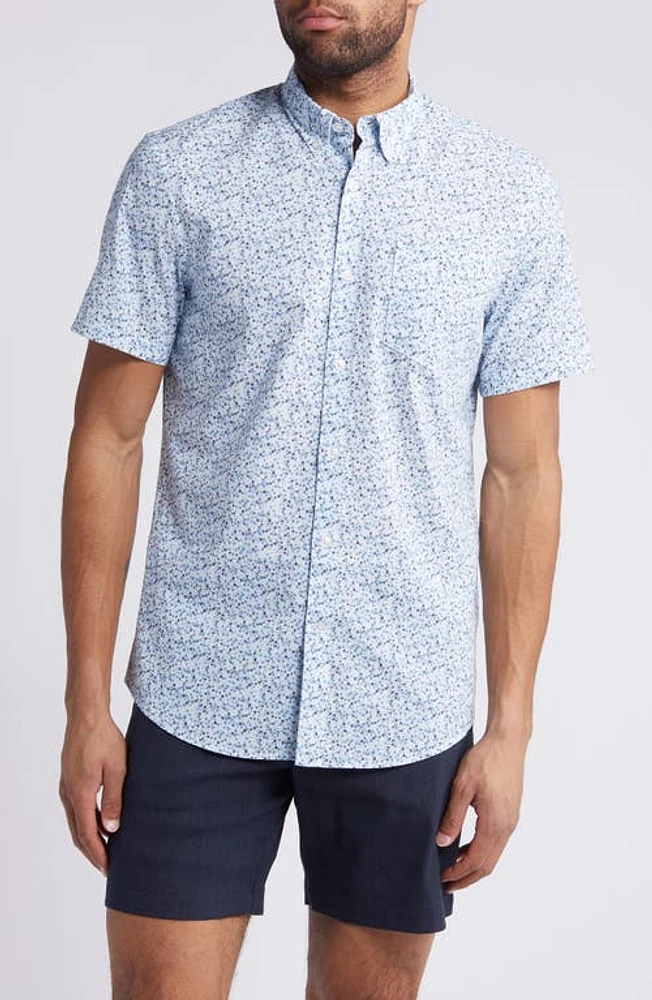 Nordstrom Trim Fit Floral Short Sleeve Stretch Cotton & Linen Button-Down Shirt White- Blue Micro Ditsy at Nordstrom,