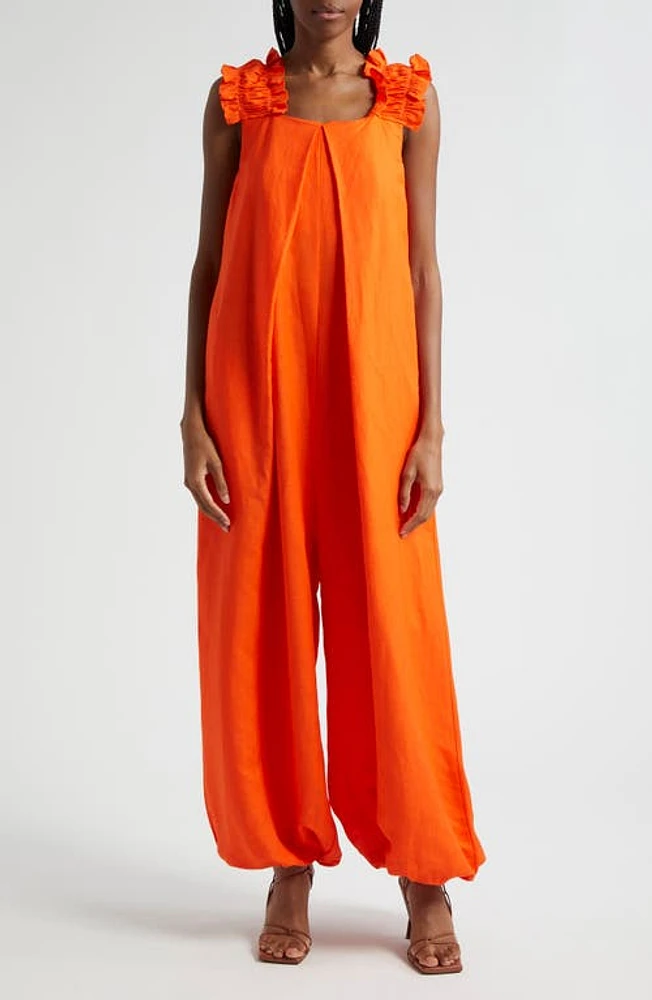 ORIRE Oma Ruffle Strap Linen Blend Jumpsuit Orange at Nordstrom,