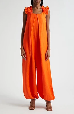 ORIRE Oma Ruffle Strap Linen Blend Jumpsuit Orange at Nordstrom,