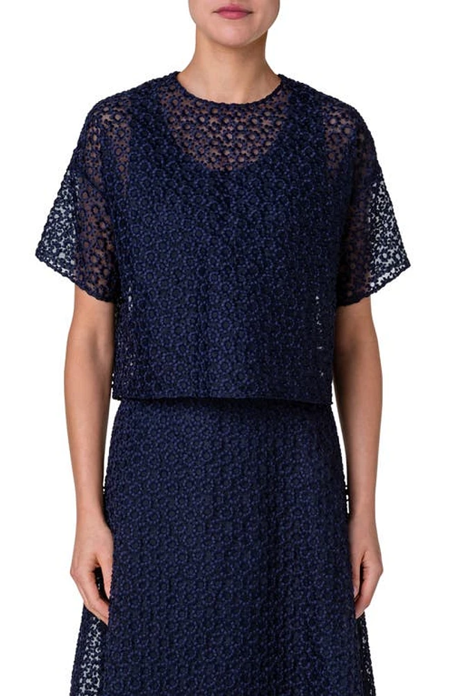 Akris Floral Embroidered Organza Top 079 Navy at Nordstrom,