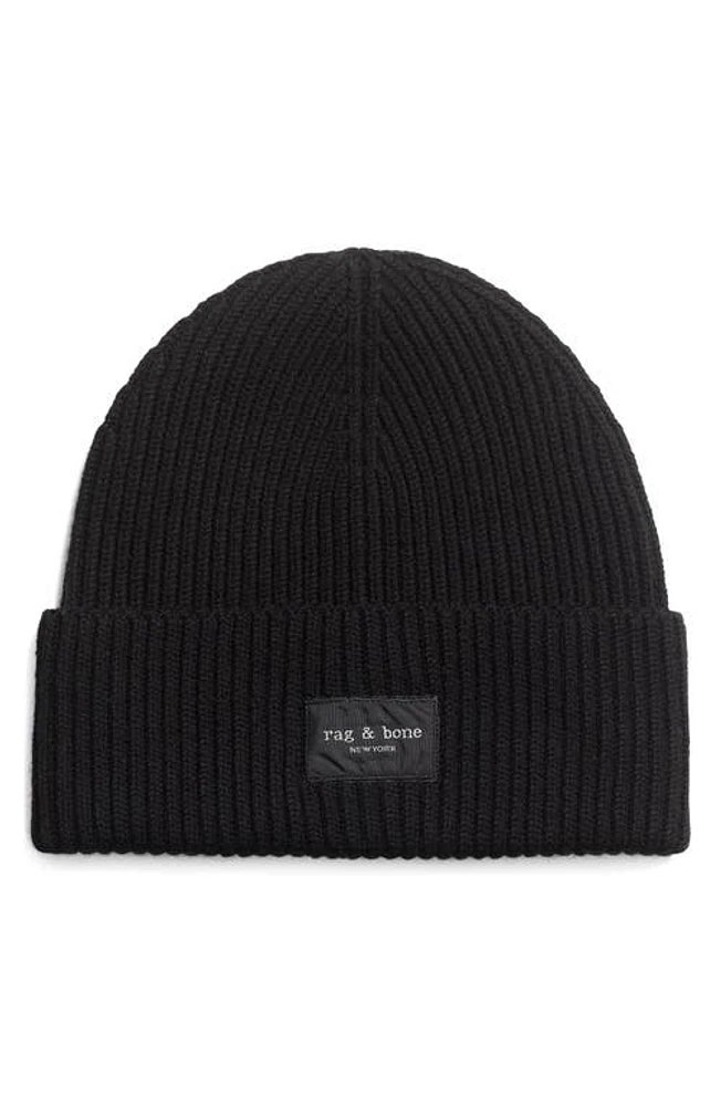 rag & bone Blake Logo Patch Wool Blend Rib Beanie in Black at Nordstrom