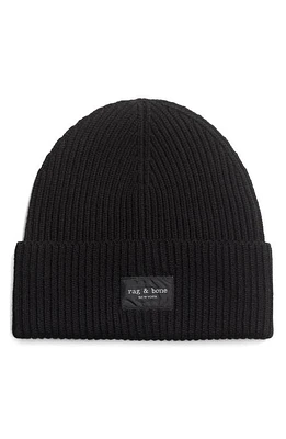 rag & bone Blake Logo Patch Wool Blend Rib Beanie in Black at Nordstrom