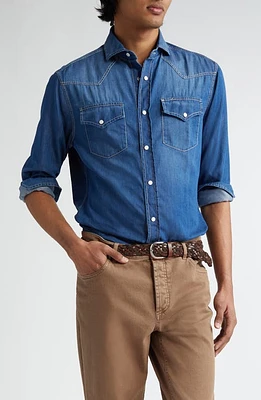 Brunello Cucinelli Pearl Snap Denim Western Shirt Scuro at Nordstrom,