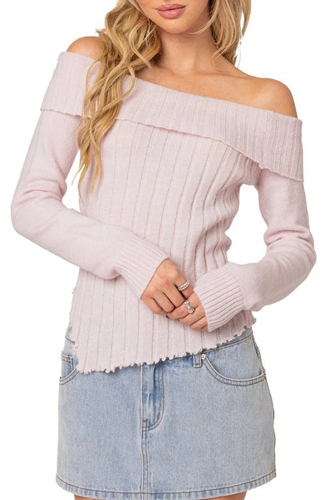 EDIKTED Sonya Foldover Off the Shoulder Rib Sweater Light-Pink at Nordstrom,