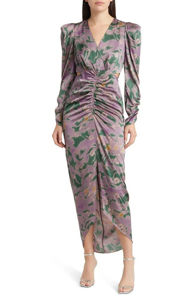 FLORET STUDIOS Cutout Ruched Long Sleeve Satin Dress in Plum Green Floral at Nordstrom, Size X-Small