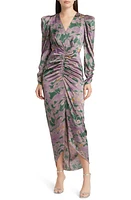 FLORET STUDIOS Cutout Ruched Long Sleeve Satin Dress in Plum Green Floral at Nordstrom, Size X-Small