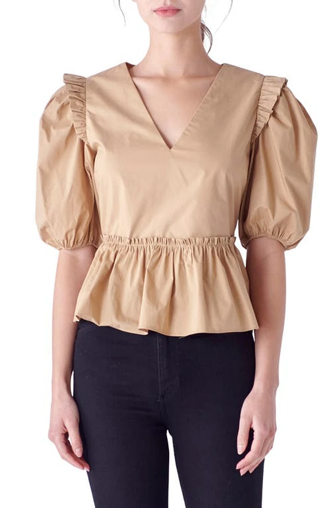 English Factory Puff Sleeve Peplum Cotton Top Tan at Nordstrom,