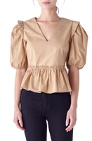 English Factory Puff Sleeve Peplum Cotton Top Tan at Nordstrom,