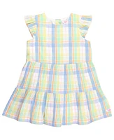 RuffleButts Baby Flutter Sleeve Tiered Dress in Clubhouse Rainbow Plaid at Nordstrom, Size 6-12M