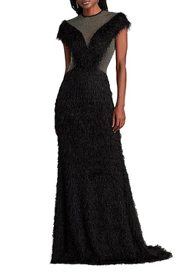 Tadashi Shoji Mixed Media Fringe & Bead Gown in Black at Nordstrom, Size Medium