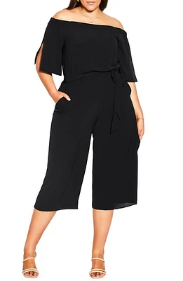 City Chic Off the Shoulder Belted Crop Jumpsuit Black at