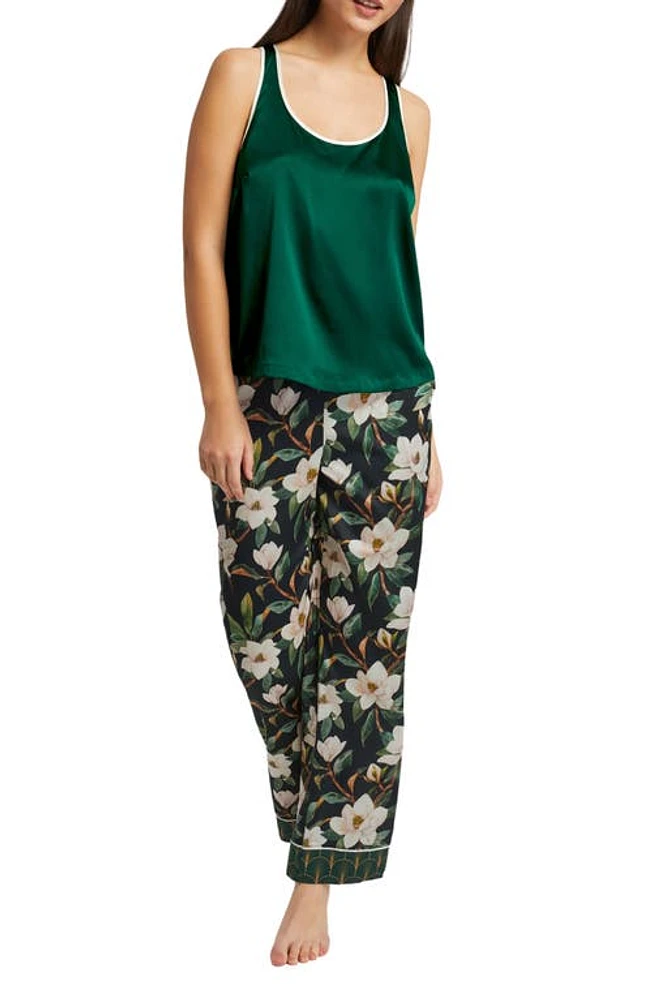 INEJ Magnolia Racerback Washable Stretch Silk Pocket Pajamas Print/Emerald Green at Nordstrom,