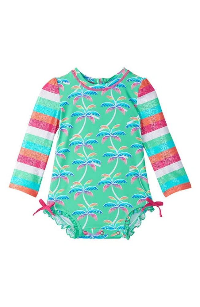 Hatley Rainbow Palm Long Sleeve One-Piece Rashguard Swimsuit Biscay Green at Nordstrom,