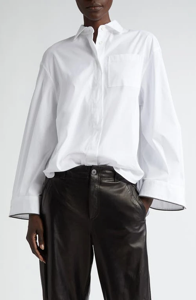 Brunello Cucinelli Monili Trim Stretch Poplin Button-Up Shirt in White at Nordstrom, Size Small