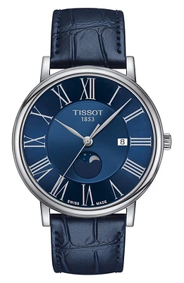 Tissot T-Classic Carson Premium Moonphase Leather Strap Watch, 40mm in Blue at Nordstrom