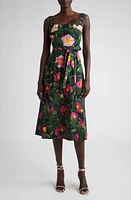 Oscar de la Renta Camellias Floral Bow Square Neck Stretch Cotton Poplin Dress in Pink/Navy at Nordstrom, Size 2