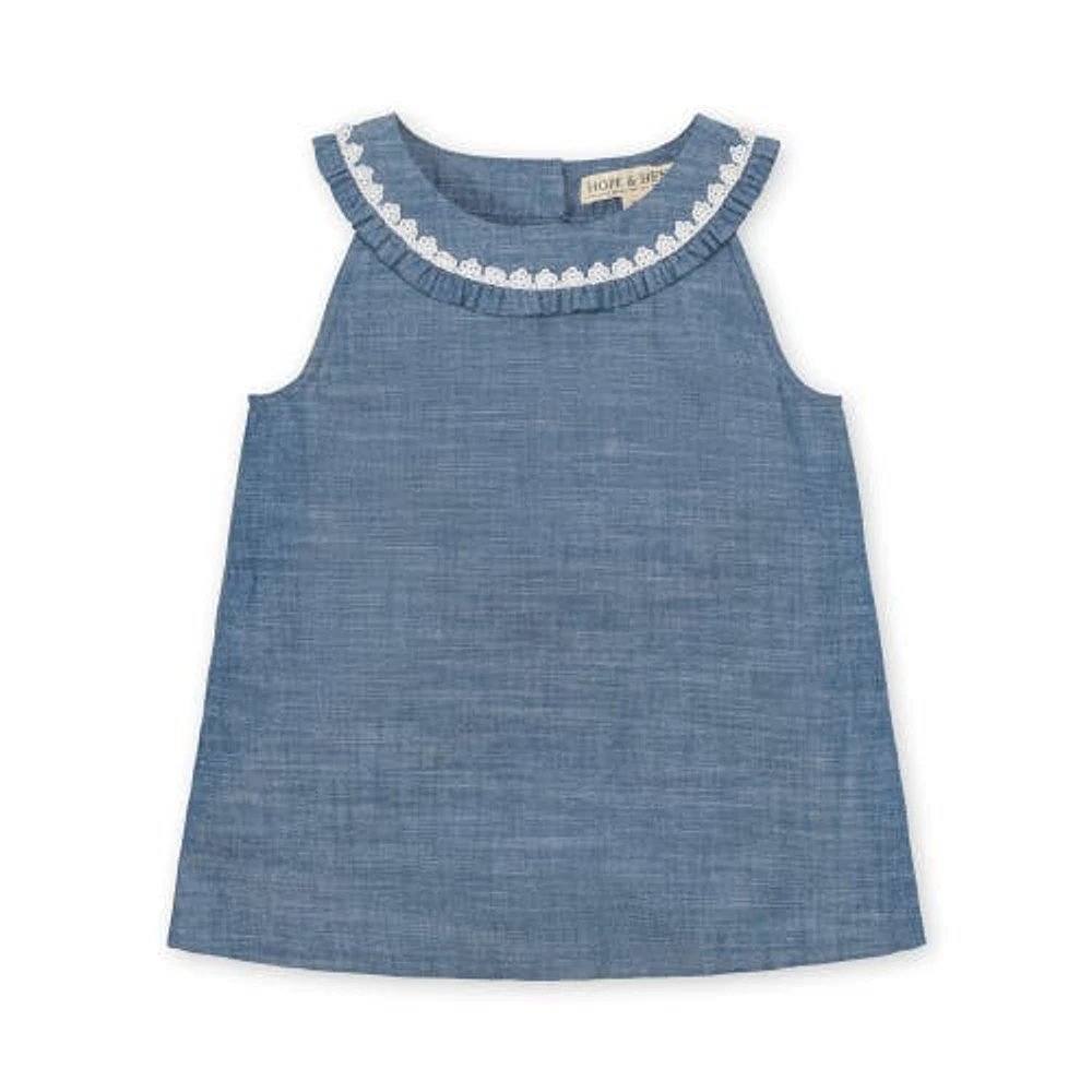 Hope & Henry Girls' Organic Sleeveless Ruffle Collar Chambray Button Back Top, Toddler at Nordstrom,