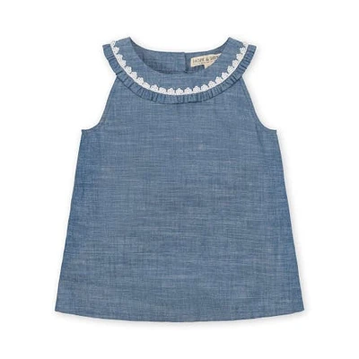 Hope & Henry Girls' Organic Sleeveless Ruffle Collar Chambray Button Back Top, Toddler at Nordstrom,