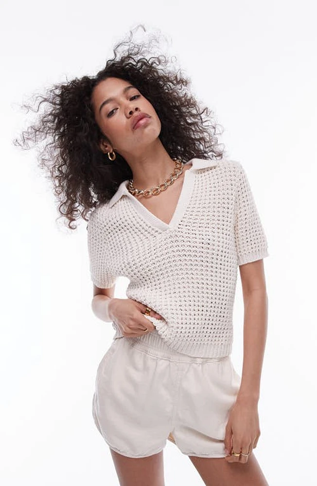 Topshop Stitchy Textured Short Sleeve Sweater Cream at Nordstrom,