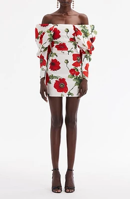 Oscar de la Renta Poppies Off the Shoulder Long Sleeve Minidress White/Red at Nordstrom,