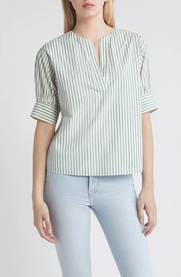 FRAME Stripe Cotton Popover Top Green Gem Multi at Nordstrom,