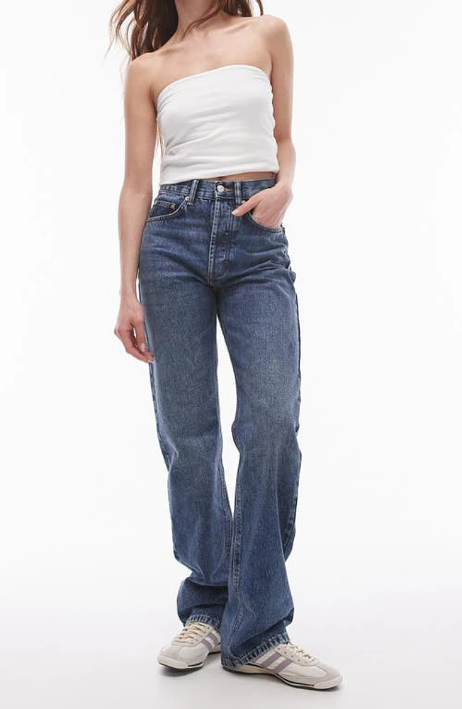 Topshop Kort Mid Rise Relaxed Straight Leg Jeans Blue at Nordstrom, 30