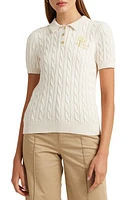 Lauren Ralph Cable Knit Cotton Polo Sweater Mascarpone Cream at Nordstrom,