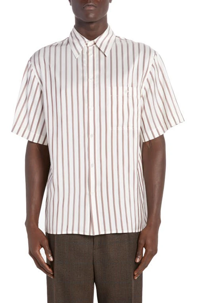 Bottega Veneta Bicolor Stripe Short Sleeve Silk Button-Up Shirt 9032 White/Brown/Chestnut at Nordstrom, Us