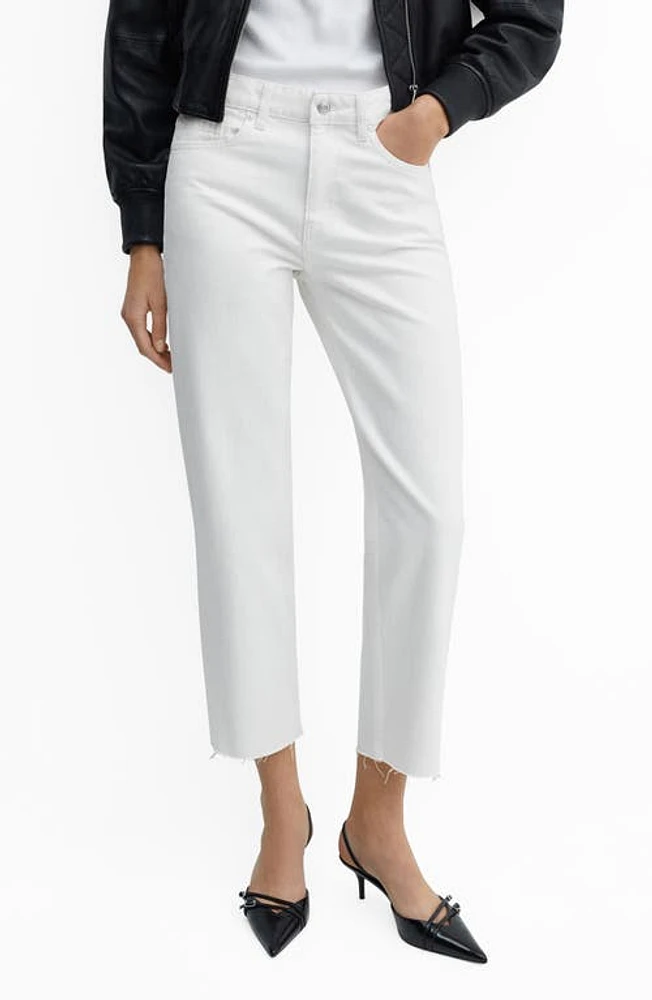 MANGO Blanca Raw Hem Mid Rise Crop Straight Leg Jeans White at Nordstrom,