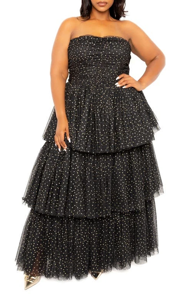 BUXOM COUTURE Metallic Polka Dot Strapless Tiered Tulle Dress Black at Nordstrom,