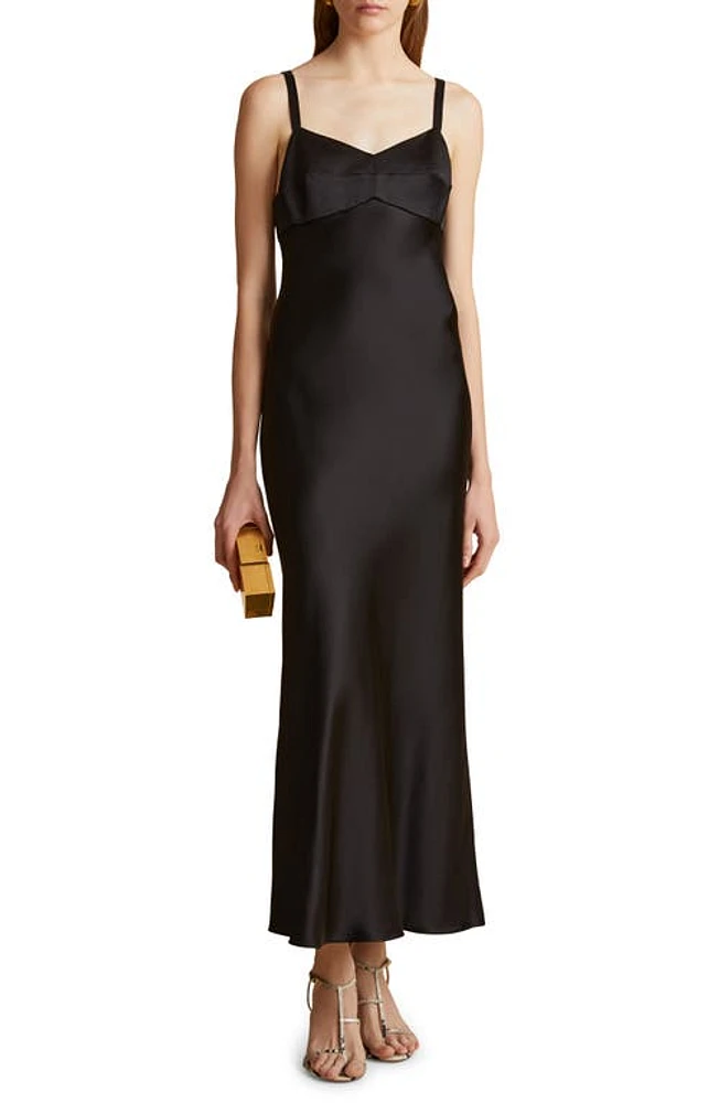 Khaite Joely Empire Waist Satin Dress Black at Nordstrom,