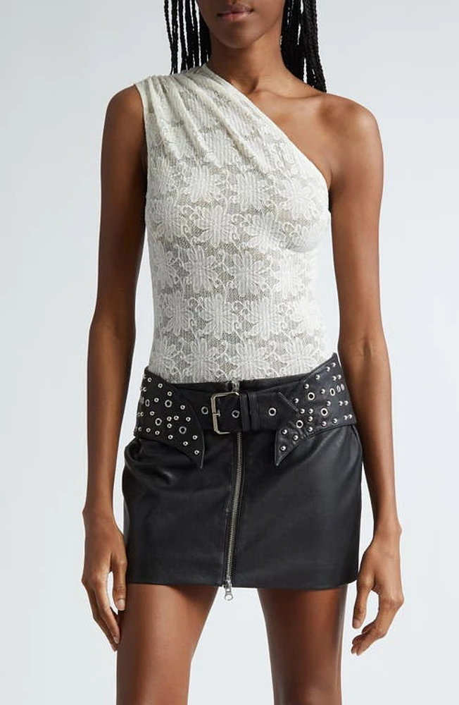 Miaou Jade One-Shoulder Floral Stretch Lace Bodysuit Dove at Nordstrom,