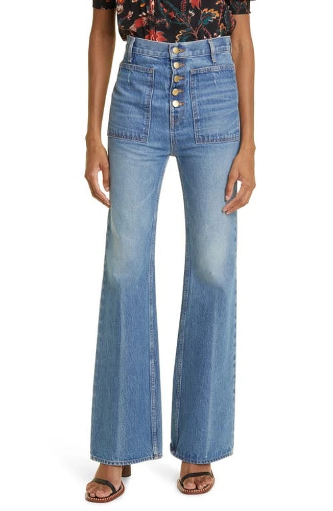 Ulla Johnson The Lou Button Fly Flare Jeans Danube Medium Indigo Wash at Nordstrom,