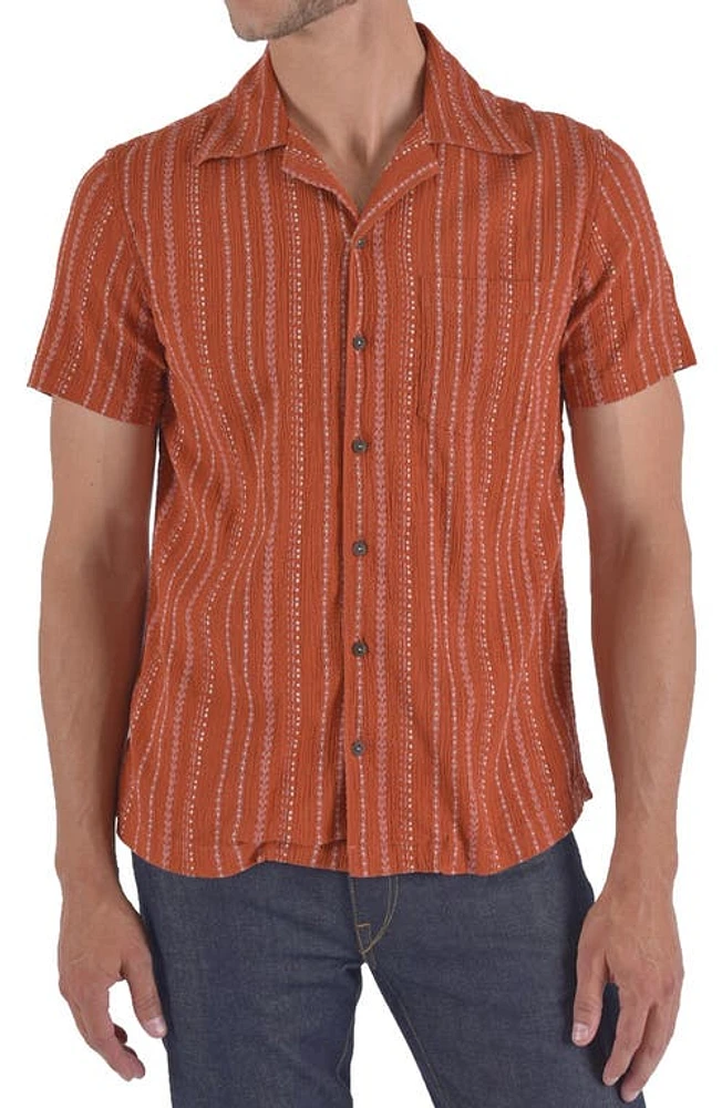 HIROSHI KATO The Wrench Stripe Double Gauze Camp Shirt in Orange Ace at Nordstrom, Size Small