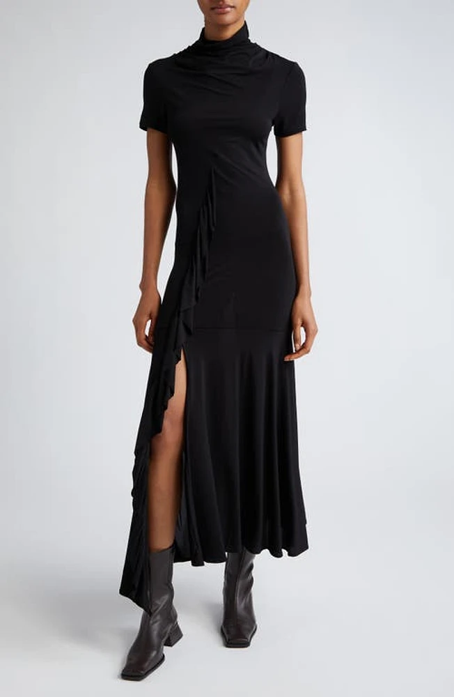 Paloma Wool Wauto Funnel Neck Ruffle Detail Jersey Midi Dress in Black at Nordstrom, Size Large