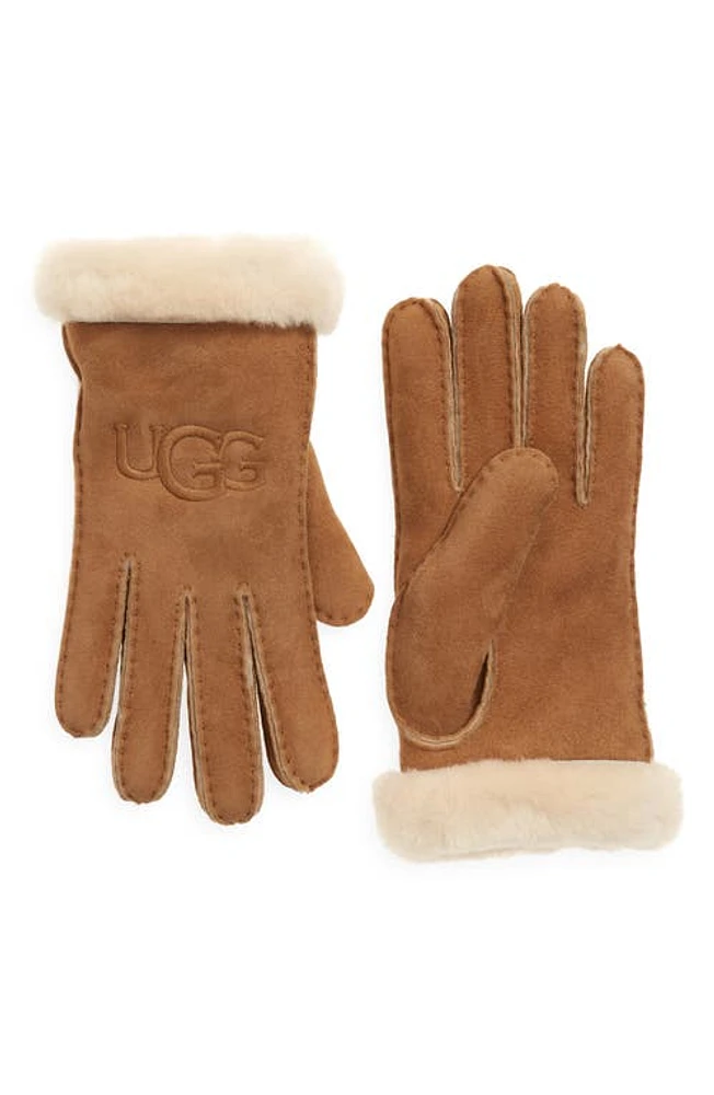 UGG(r) Logo Embroidered Suede & Genuine Shearling Gloves at Nordstrom,