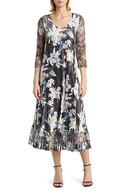 Komarov Floral Three-Quarter Sleeve Charmeuse & Lace Dress in Onyx Burst at Nordstrom, Size 3X