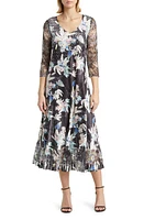 Komarov Floral Three-Quarter Sleeve Charmeuse & Lace Dress in Onyx Burst at Nordstrom, Size 3X