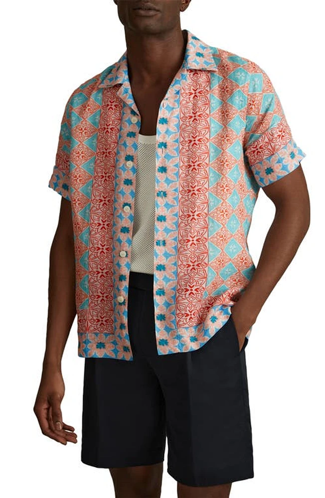 Reiss Pantain Linen Camp Shirt Orange Multi at Nordstrom,