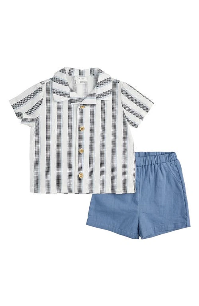 FIRSTS by Petit Lem Blueberry Dot Stripe Button-Up Shirt & Shorts Set Navy at Nordstrom,