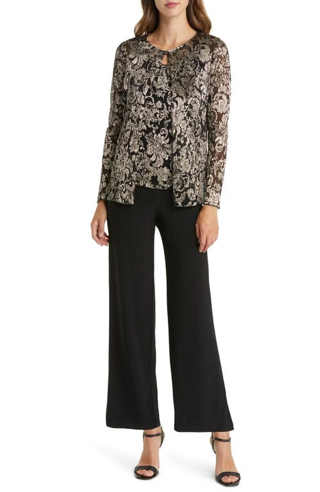 Marina Mixed Media Metallic Bodice Jumpsuit & Jacket Set Black/Gold at Nordstrom,